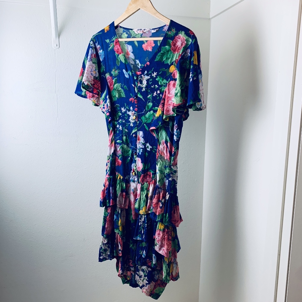 Vintage 70s Blue Floral Rayon Dress size M